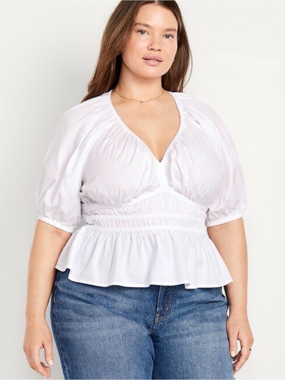 Old Navy Smocked V-Neck Peplum Puff Sleeve White Top Renfaire Prairie XL P